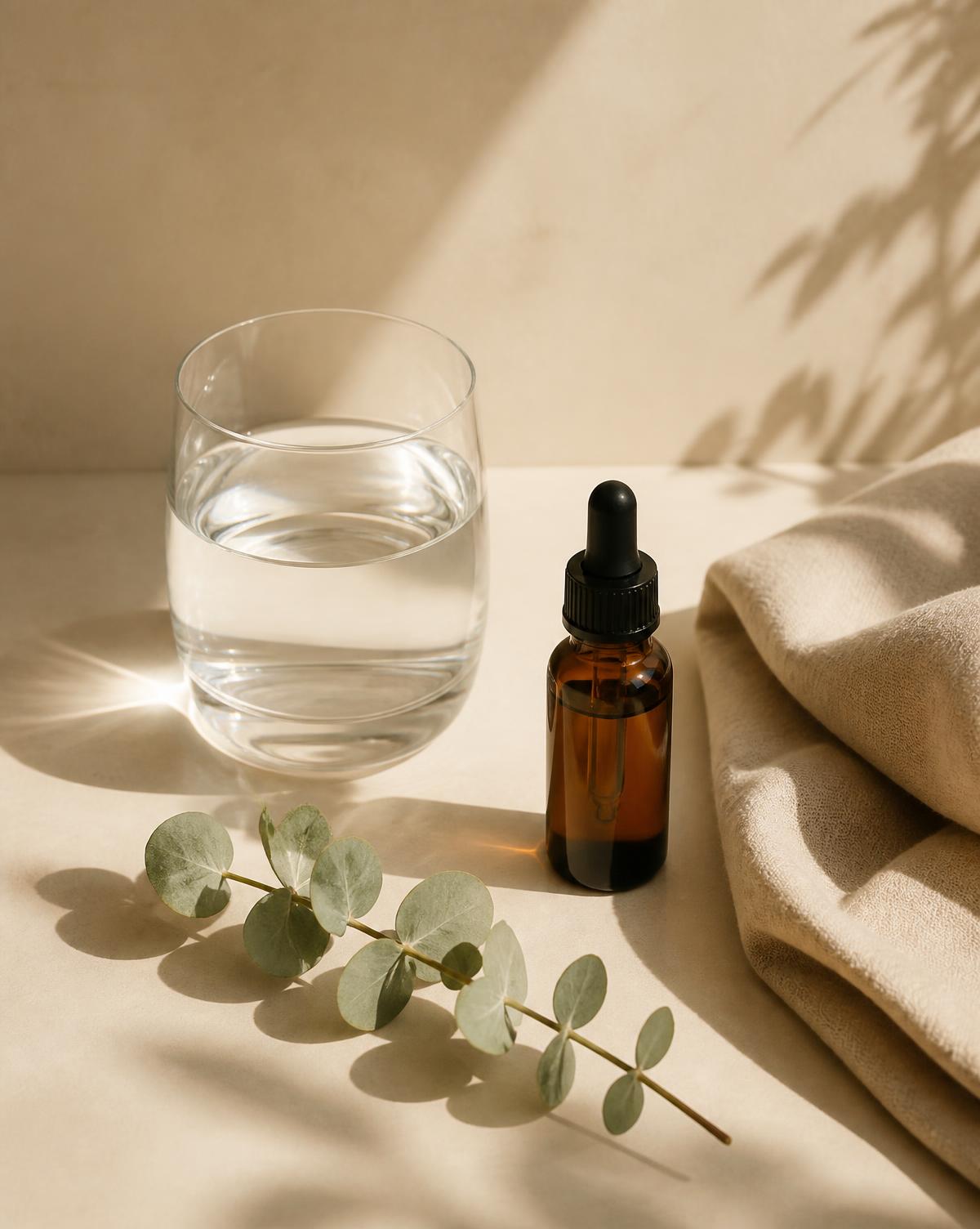 Bodegón wellness con vaso de agua, frasco ámbar y eucalipto